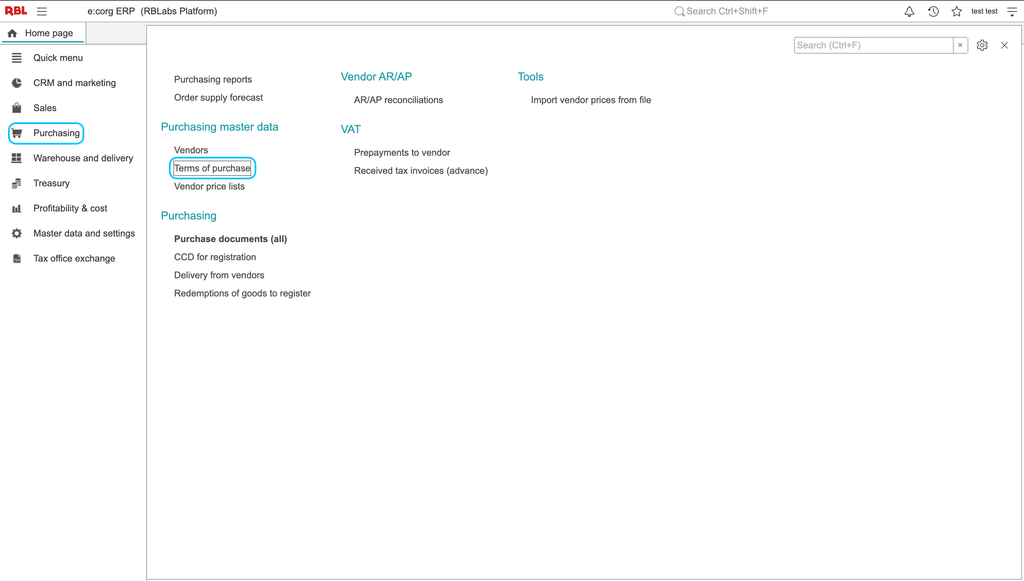 Terms list in the earlier interface